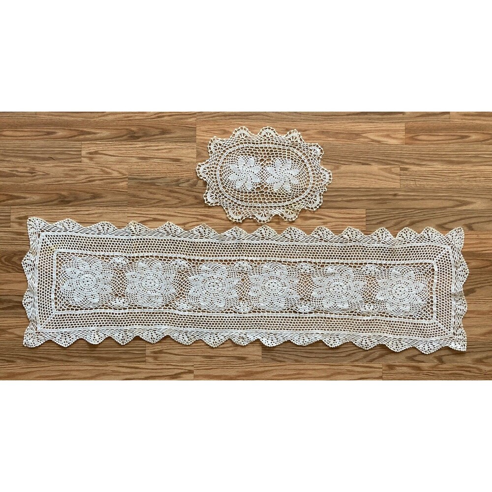 Vintage Embroidered Crocheted Table Runners And Matching Doily